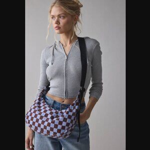 BAGGU Brown + Blue Checker Medium Nylon Crescent Bag 13.75"l x 4"w x 8"h